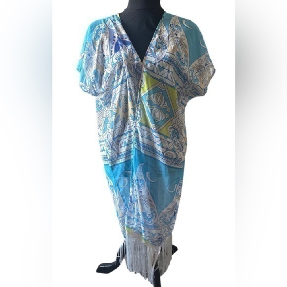 Blue and Green Floral White Fringe Swim Cover Up - One Size Fits Most